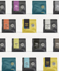 Grid of coffee bags with various colors and designs on a white background